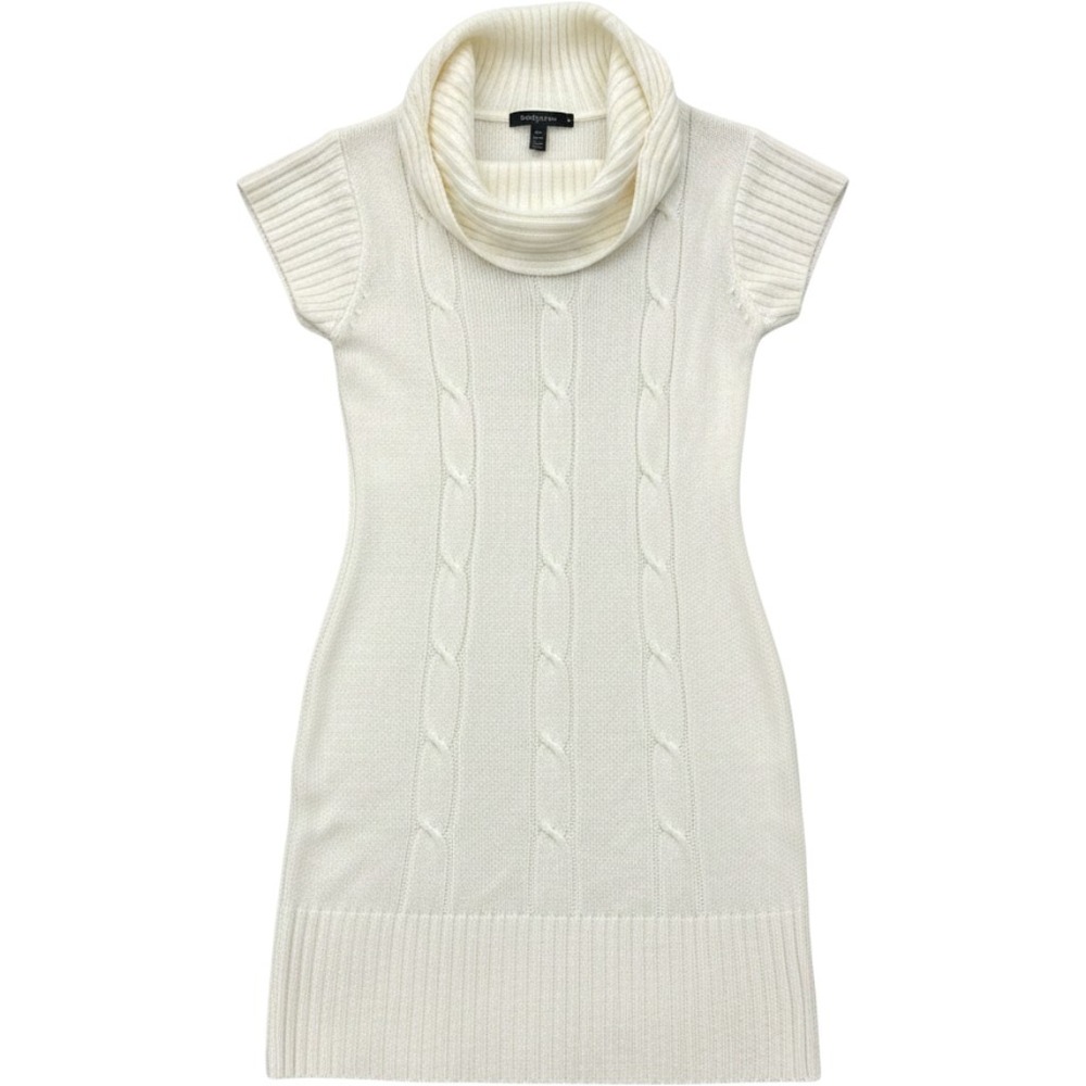 Ambiance Apparel Cream Cable Knit Cowl Neck Sweater Dress Short Sleeve Cream L
